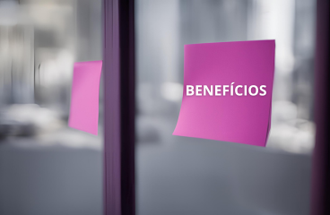 Post-it rosa colado em uma superfície de vidro com a palavra "BENEFÍCIOS" escrita em branco.